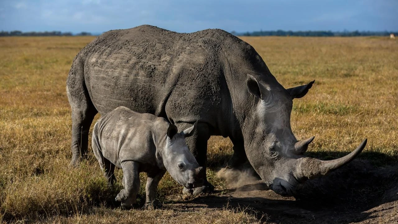 Critically endangered black rhino roaming the floor of the Ngorongoro Crater