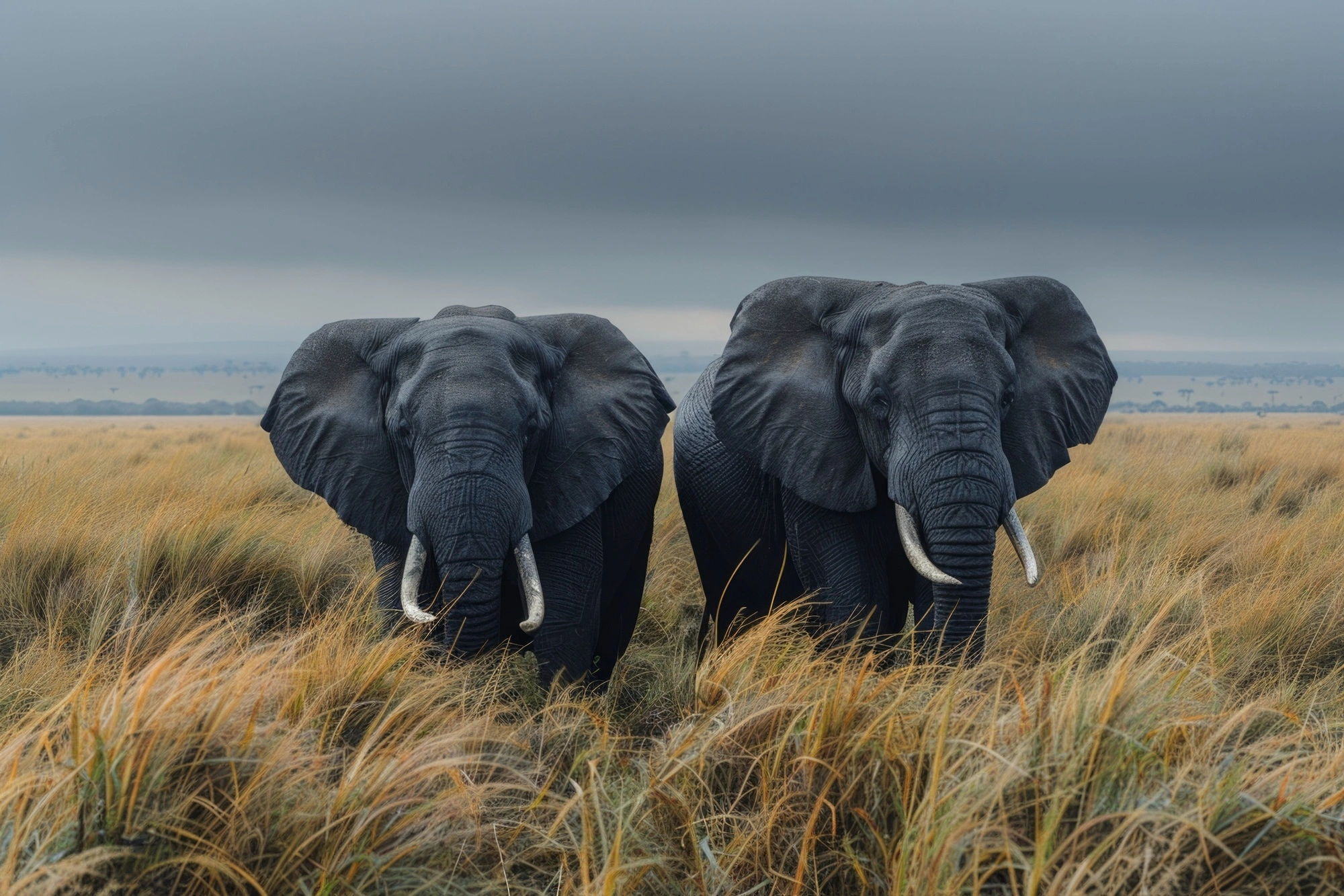 A large family herd of elephants moving together across Tarangire